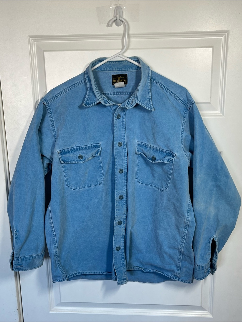 Vintage Deerskin Denim Work Shirt USA Made Faded Blue Chore Western M L